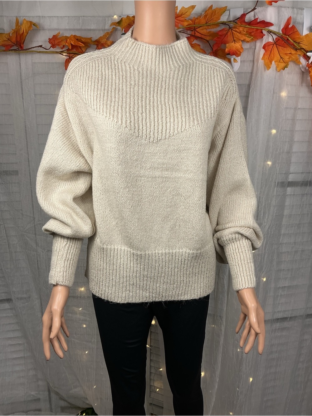 Zenana Balloon Sleeve Mock Neck Sweater - Sand Beige